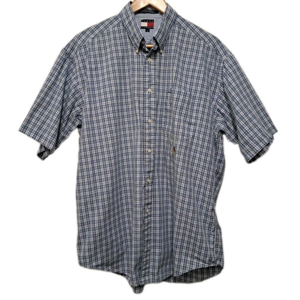 VTG Tommy Hilfiger Crest Button Front Shirt Mens L Blue Check Plaid 100% Cotton